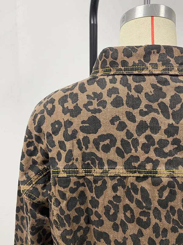 Long Sleeves Loose Buttoned Fringed Leopard Pockets Lapel Outerwear - Image 7