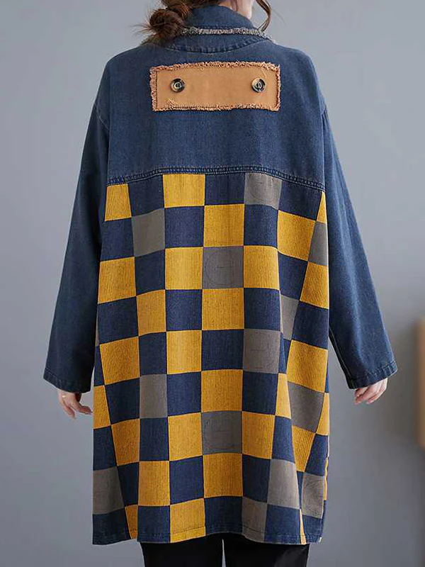 Long Sleeves Loose Buttoned Fringed Plaid Pockets Split-Joint Notched Collar Denim Outerwear - Image 2