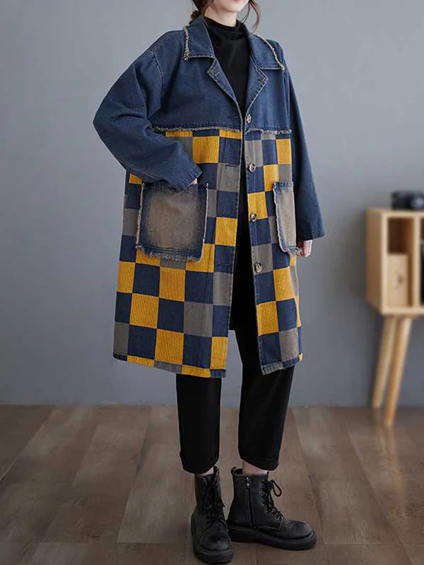 Long Sleeves Loose Buttoned Fringed Plaid Pockets Split-Joint Notched Collar Denim Outerwear - Image 3