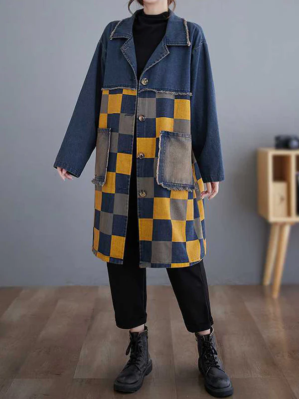 Long Sleeves Loose Buttoned Fringed Plaid Pockets Split-Joint Notched Collar Denim Outerwear - Image 4