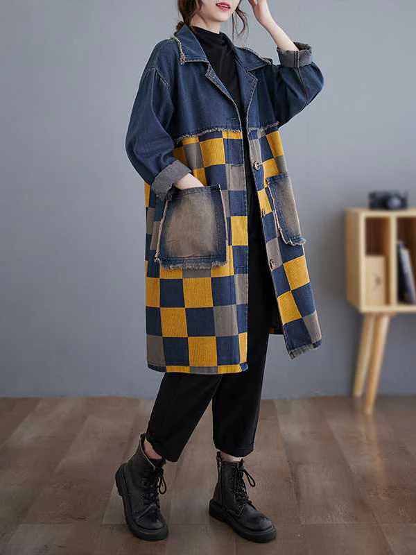 Long Sleeves Loose Buttoned Fringed Plaid Pockets Split-Joint Notched Collar Denim Outerwear - Image 5