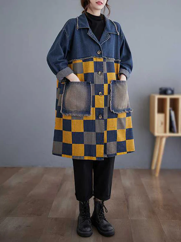 Long Sleeves Loose Buttoned Fringed Plaid Pockets Split-Joint Notched Collar Denim Outerwear - Image 6