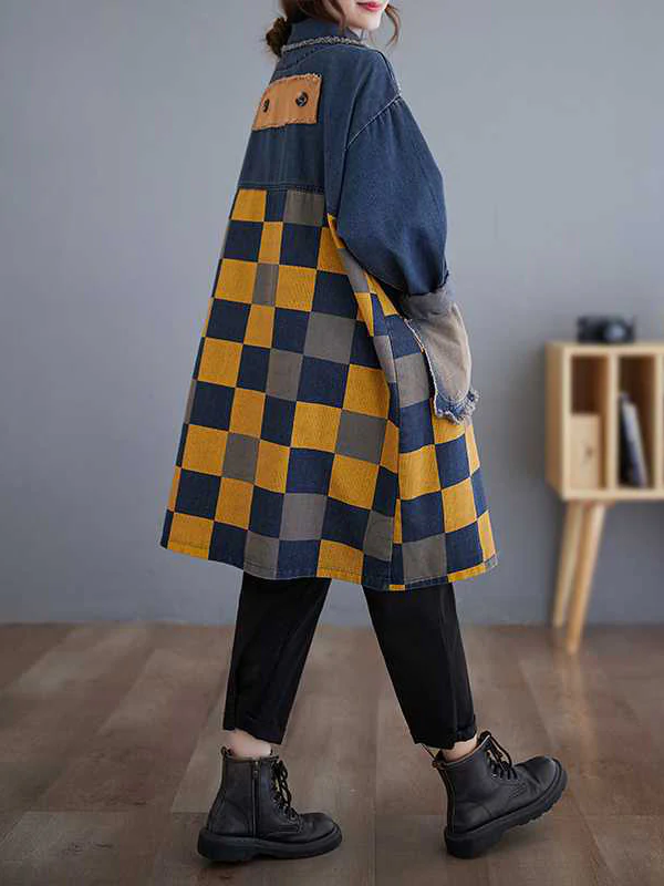 Long Sleeves Loose Buttoned Fringed Plaid Pockets Split-Joint Notched Collar Denim Outerwear - Image 7