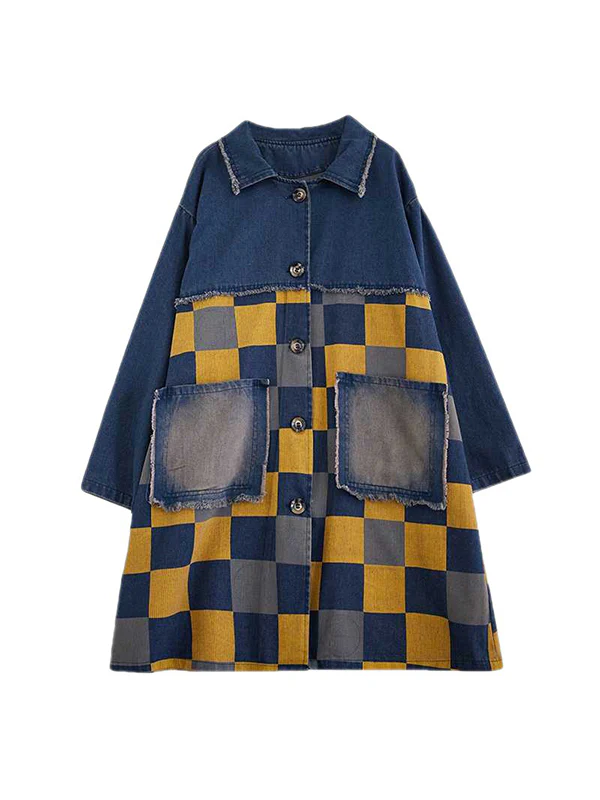Long Sleeves Loose Buttoned Fringed Plaid Pockets Split-Joint Notched Collar Denim Outerwear - Image 8