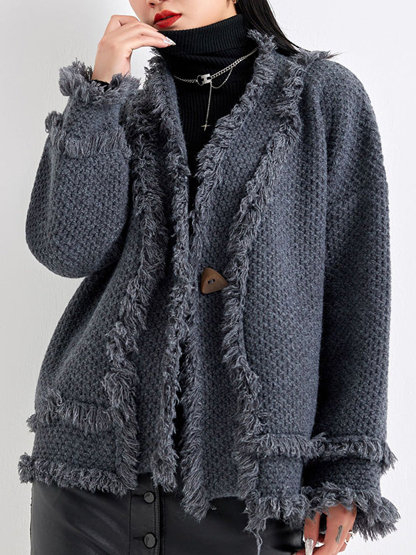 Long Sleeves Loose Buttoned Fringed Solid Color V-Neck Cardigan Tops - Image 2