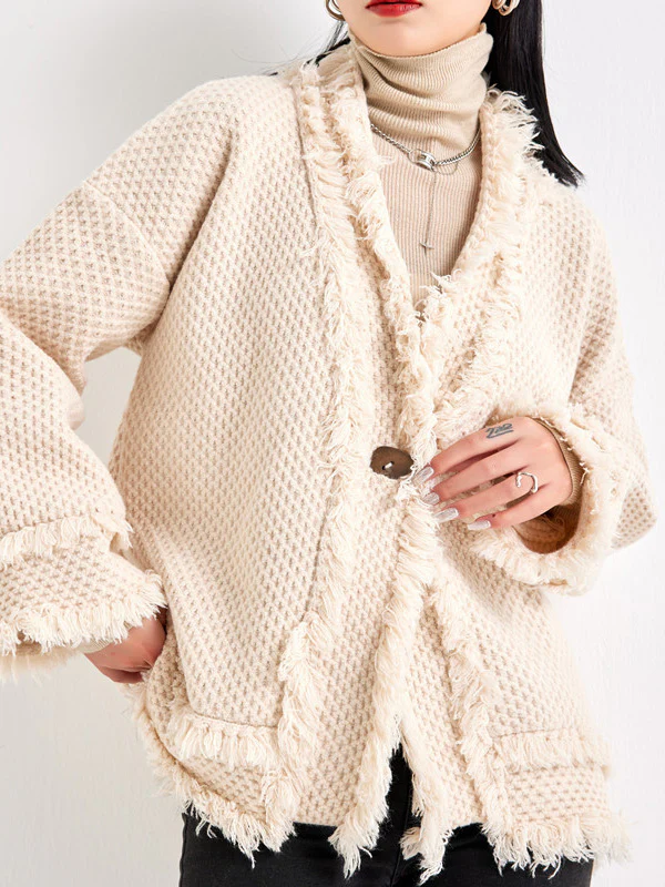 Long Sleeves Loose Buttoned Fringed Solid Color V-Neck Cardigan Tops - Image 3