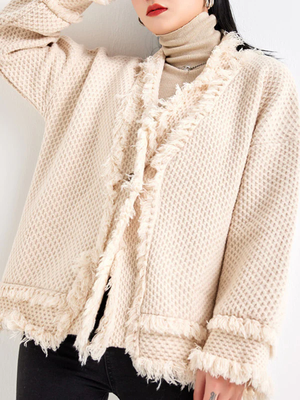 Long Sleeves Loose Buttoned Fringed Solid Color V-Neck Cardigan Tops - Image 4