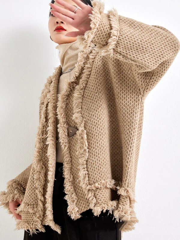 Long Sleeves Loose Buttoned Fringed Solid Color V-Neck Cardigan Tops - Image 5