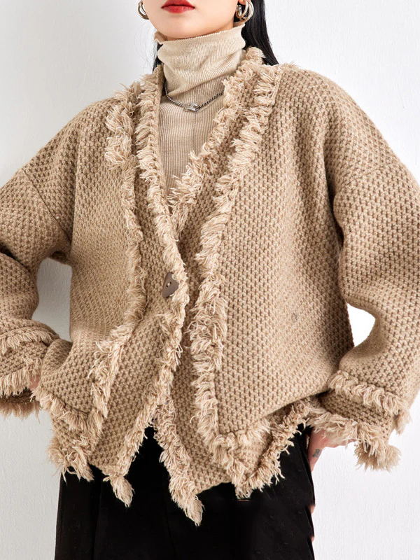 Long Sleeves Loose Buttoned Fringed Solid Color V-Neck Cardigan Tops - Image 6
