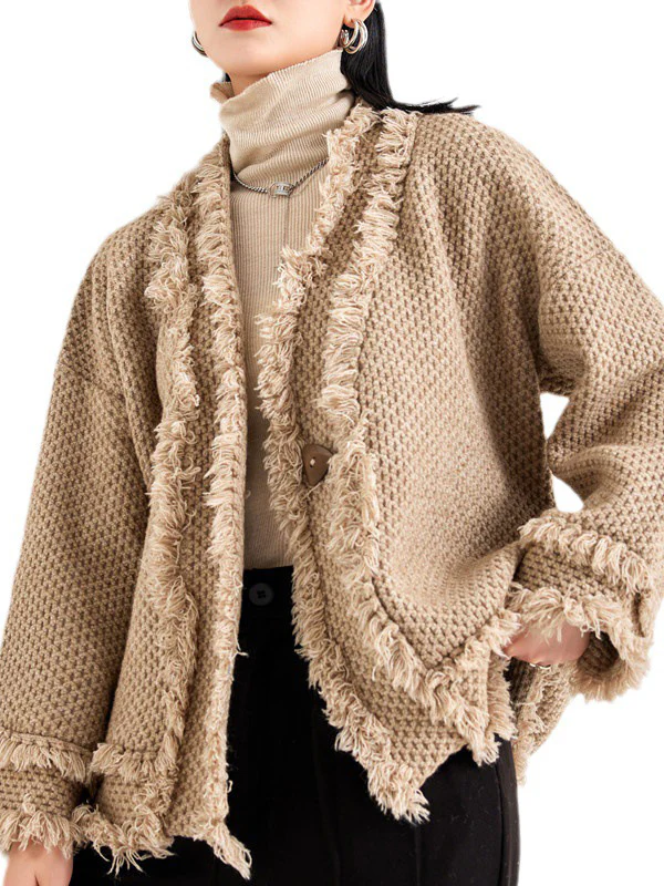 Long Sleeves Loose Buttoned Fringed Solid Color V-Neck Cardigan Tops - Image 7
