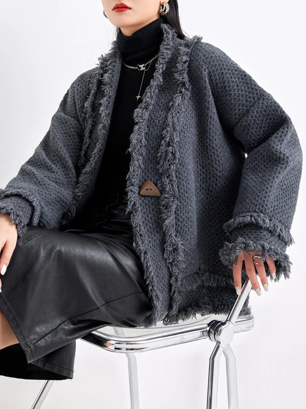Long Sleeves Loose Buttoned Fringed Solid Color V-Neck Cardigan Tops - Image 8