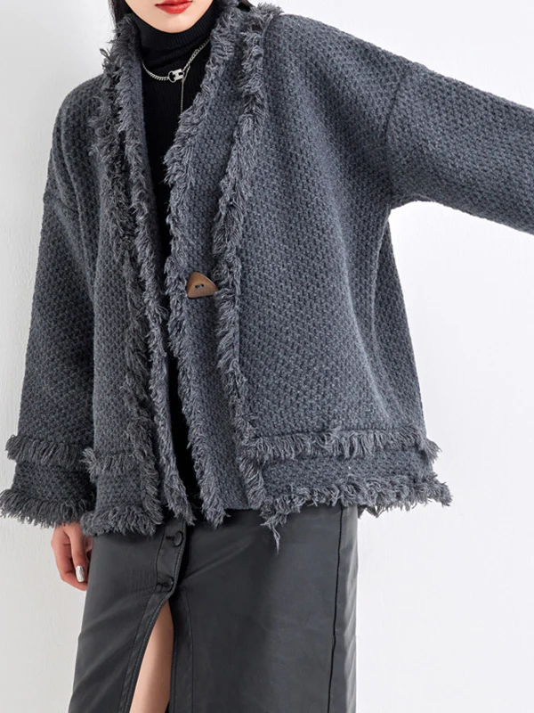 Long Sleeves Loose Buttoned Fringed Solid Color V-Neck Cardigan Tops - Image 9