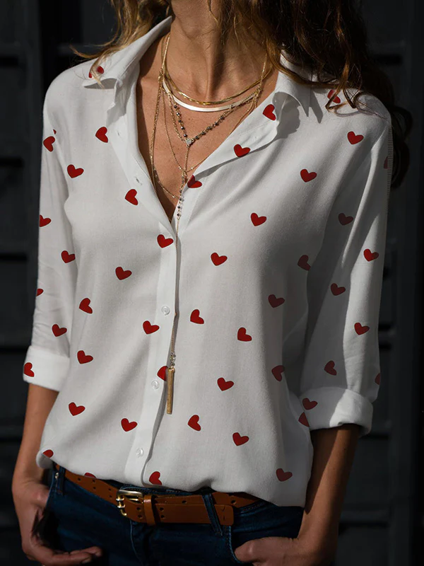 Long Sleeves Loose Buttoned Heart Print Lapel Blouses&Shirts Tops - Image 2