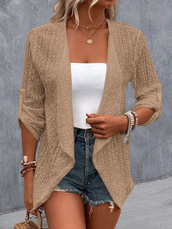 Long Sleeves Loose Buttoned Hollow Jacquard Solid Color Collarless Outerwear - Image 2