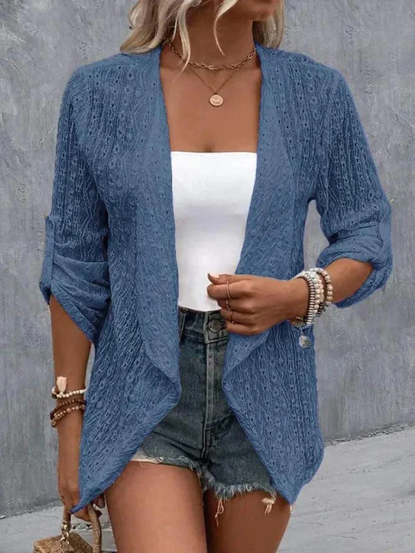 Long Sleeves Loose Buttoned Hollow Jacquard Solid Color Collarless Outerwear - Image 3