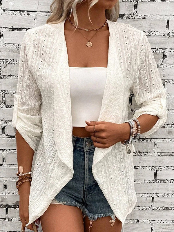 Long Sleeves Loose Buttoned Hollow Jacquard Solid Color Collarless Outerwear - Image 4