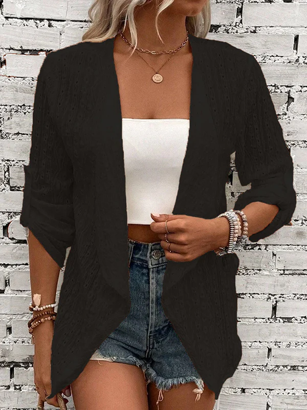 Long Sleeves Loose Buttoned Hollow Jacquard Solid Color Collarless Outerwear - Image 5