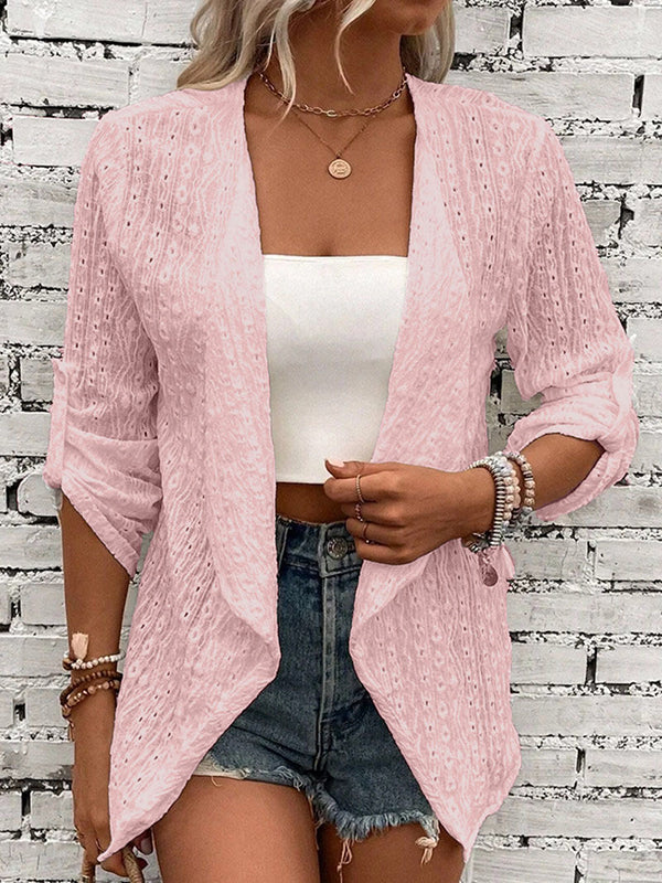 Long Sleeves Loose Buttoned Hollow Jacquard Solid Color Collarless Outerwear - Image 6