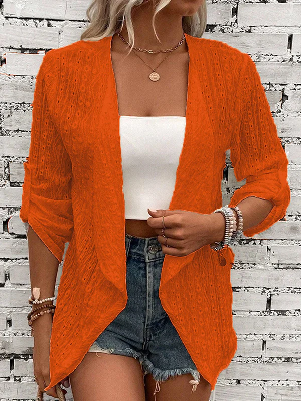 Long Sleeves Loose Buttoned Hollow Jacquard Solid Color Collarless Outerwear - Image 7