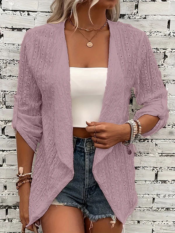 Long Sleeves Loose Buttoned Hollow Jacquard Solid Color Collarless Outerwear - Image 8