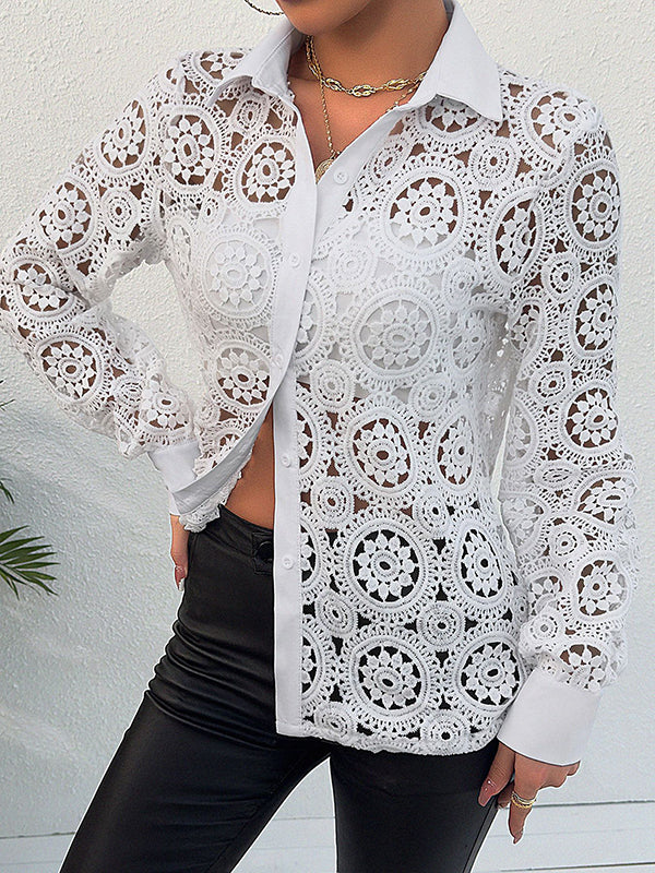 Long Sleeves Loose Buttoned Hollow Solid Color Lapel Blouses&Shirts Tops - Image 2