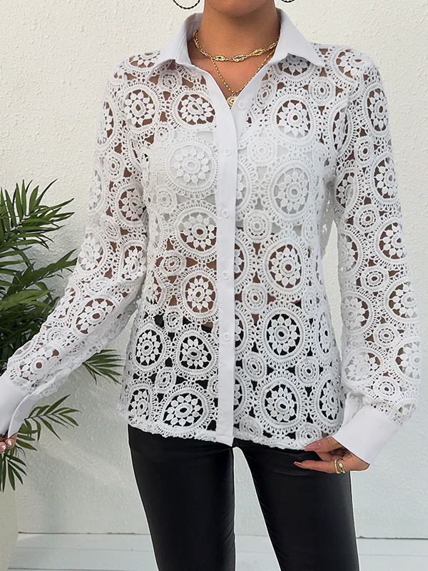 Long Sleeves Loose Buttoned Hollow Solid Color Lapel Blouses&Shirts Tops - Image 5