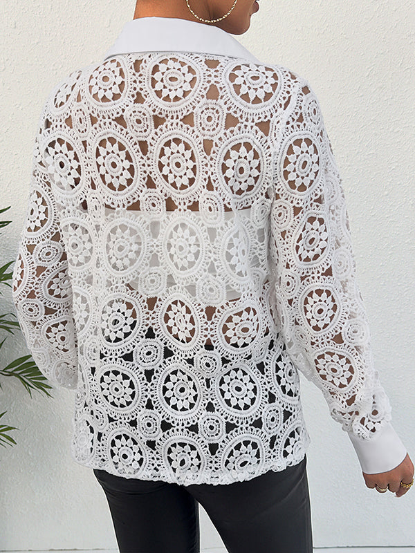 Long Sleeves Loose Buttoned Hollow Solid Color Lapel Blouses&Shirts Tops - Image 6