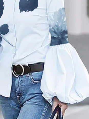 Long Sleeves Loose Buttoned Leaves Print High-Neck Blouses&Shirts Tops - Image 2