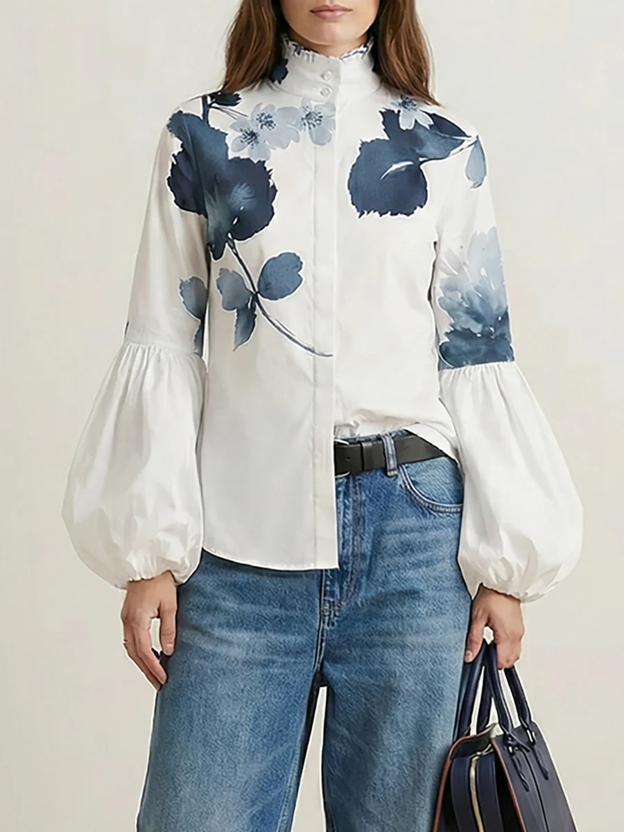 Long Sleeves Loose Buttoned Leaves Print High-Neck Blouses&Shirts Tops - Image 3