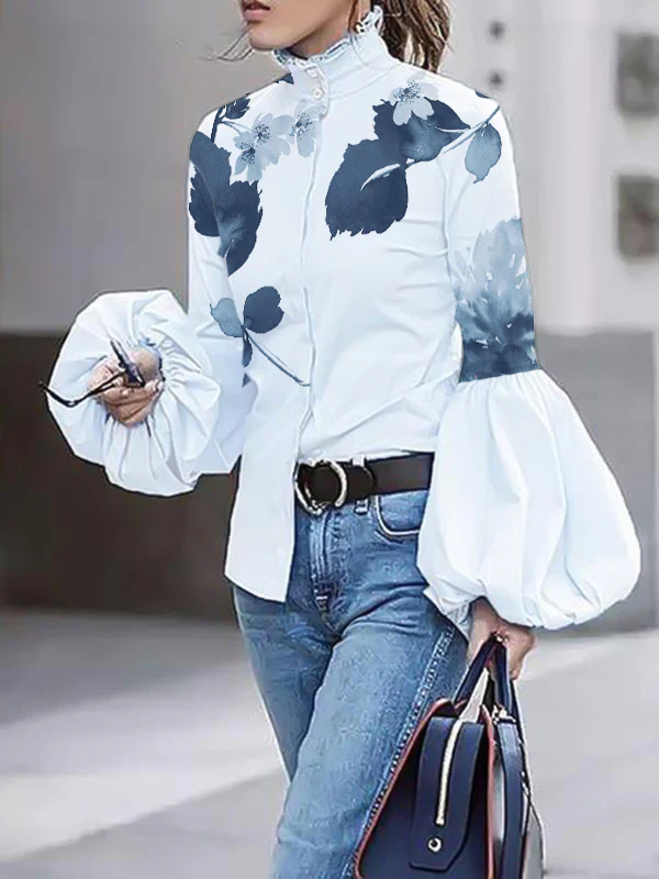 Long Sleeves Loose Buttoned Leaves Print High-Neck Blouses&Shirts Tops - Image 4
