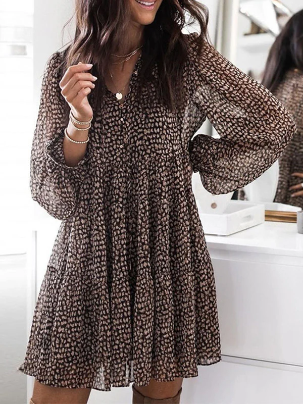 Long Sleeves Loose Buttoned Leopard Pleated V-Neck Mini Dresses - Image 2