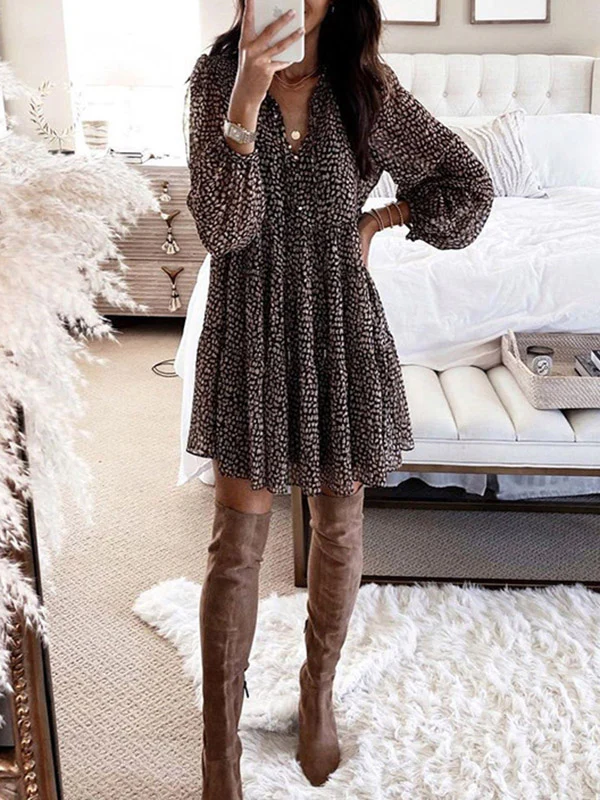 Long Sleeves Loose Buttoned Leopard Pleated V-Neck Mini Dresses - Image 3