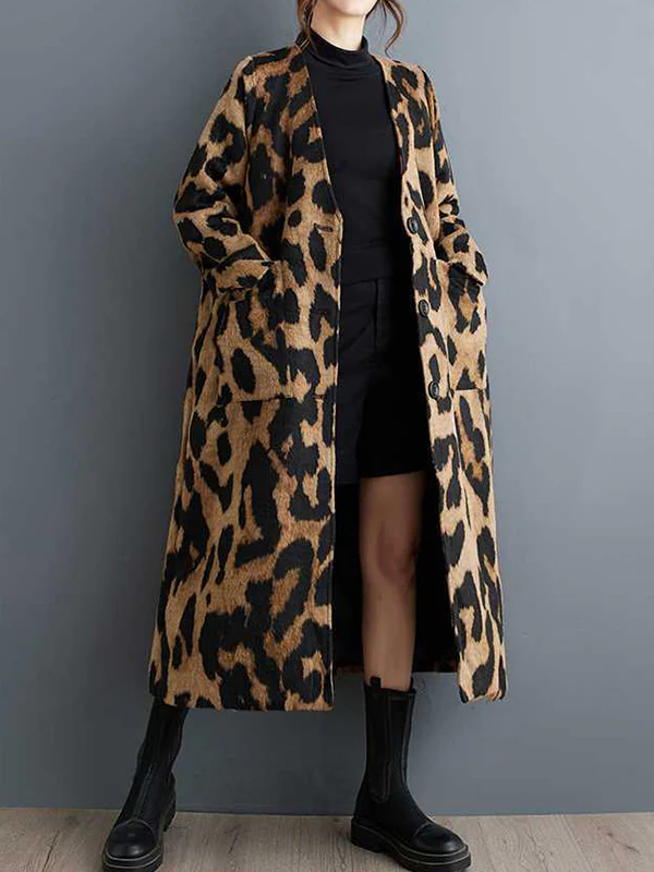 Long Sleeves Loose Buttoned Leopard Pockets Split-Joint V-Neck Outerwear Trench Coats - Image 2