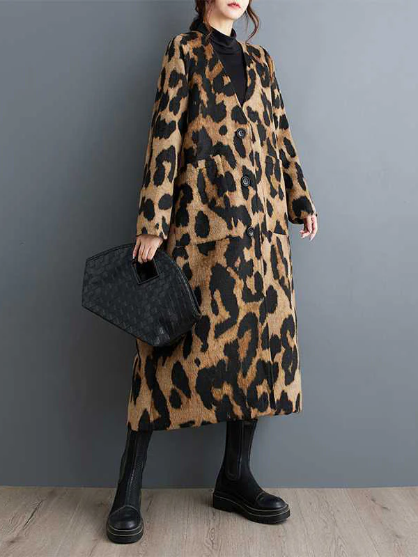 Long Sleeves Loose Buttoned Leopard Pockets Split-Joint V-Neck Outerwear Trench Coats - Image 3