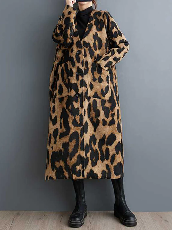 Long Sleeves Loose Buttoned Leopard Pockets Split-Joint V-Neck Outerwear Trench Coats - Image 4