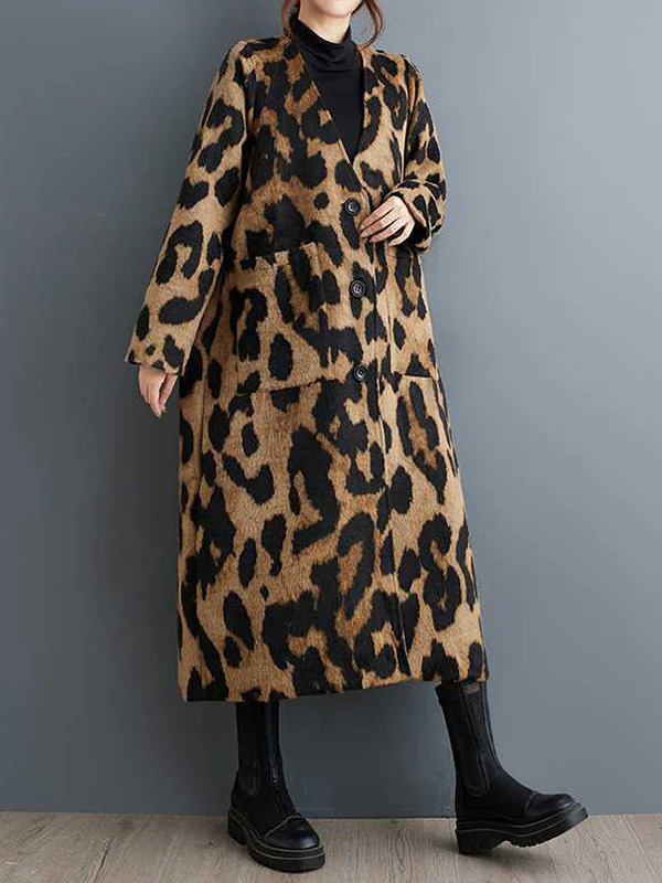 Long Sleeves Loose Buttoned Leopard Pockets Split-Joint V-Neck Outerwear Trench Coats - Image 5