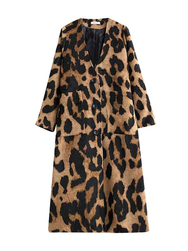 Long Sleeves Loose Buttoned Leopard Pockets Split-Joint V-Neck Outerwear Trench Coats - Image 6