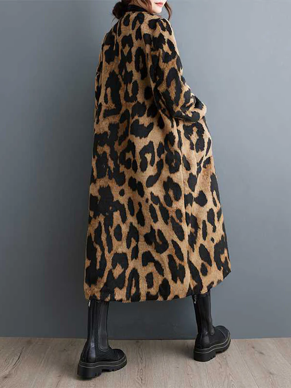 Long Sleeves Loose Buttoned Leopard Pockets Split-Joint V-Neck Outerwear Trench Coats - Image 7