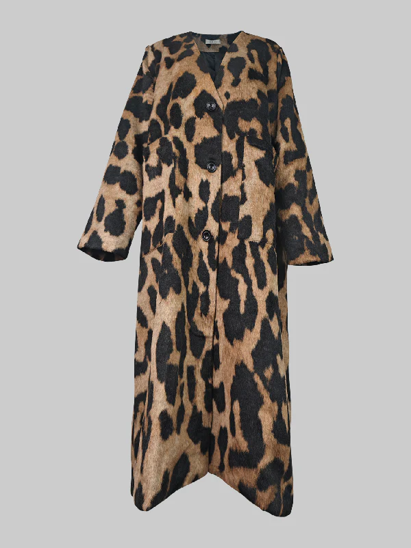 Long Sleeves Loose Buttoned Leopard Pockets Split-Joint V-Neck Outerwear Trench Coats - Image 8