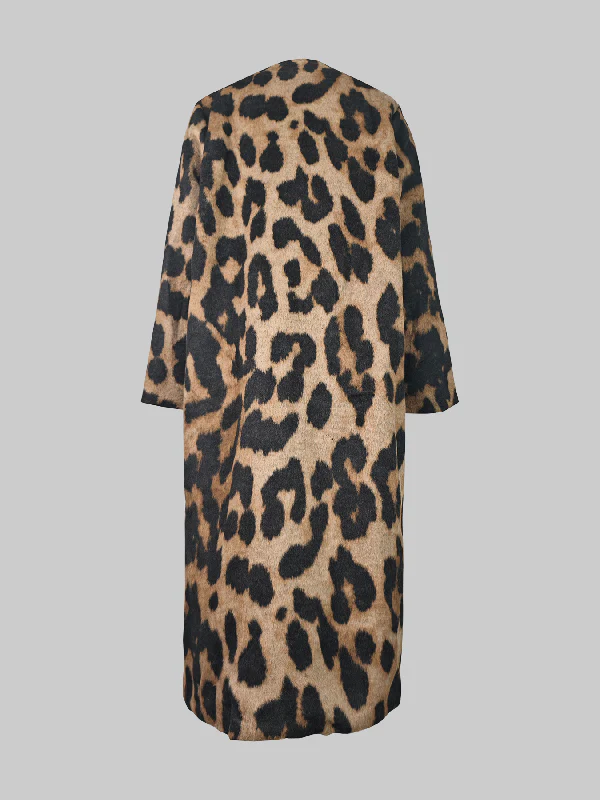 Long Sleeves Loose Buttoned Leopard Pockets Split-Joint V-Neck Outerwear Trench Coats - Image 9