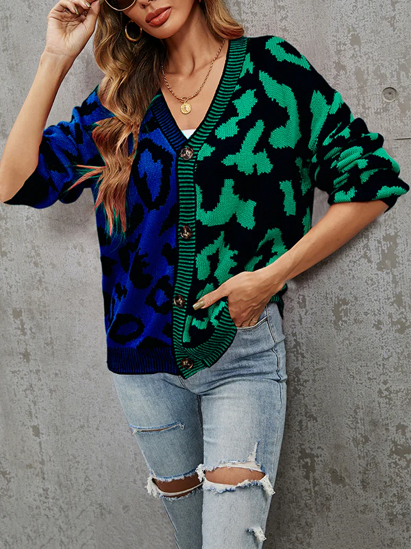Long Sleeves Loose Buttoned Leopard Split-Joint V-Neck Cardigan Tops - Image 11