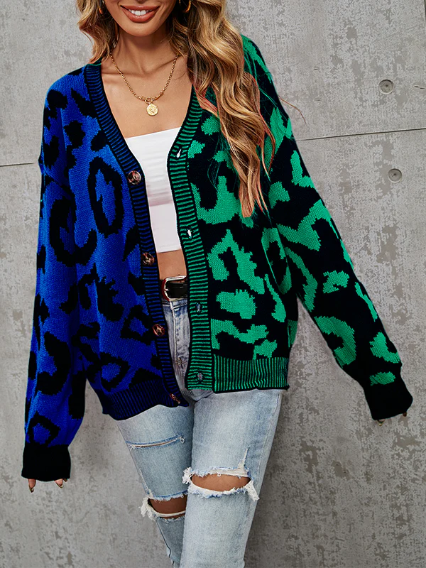 Long Sleeves Loose Buttoned Leopard Split-Joint V-Neck Cardigan Tops - Image 12