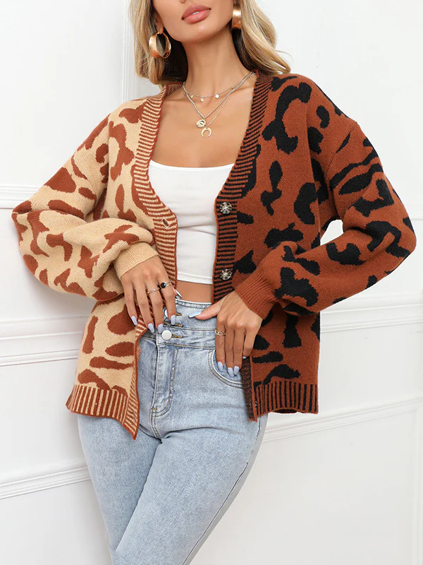 Long Sleeves Loose Buttoned Leopard Split-Joint V-Neck Cardigan Tops - Image 13