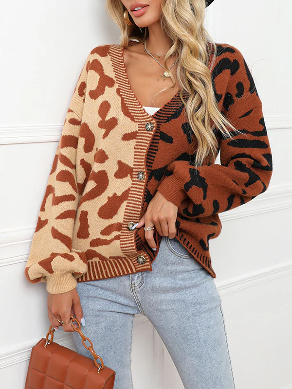 Long Sleeves Loose Buttoned Leopard Split-Joint V-Neck Cardigan Tops - Image 14