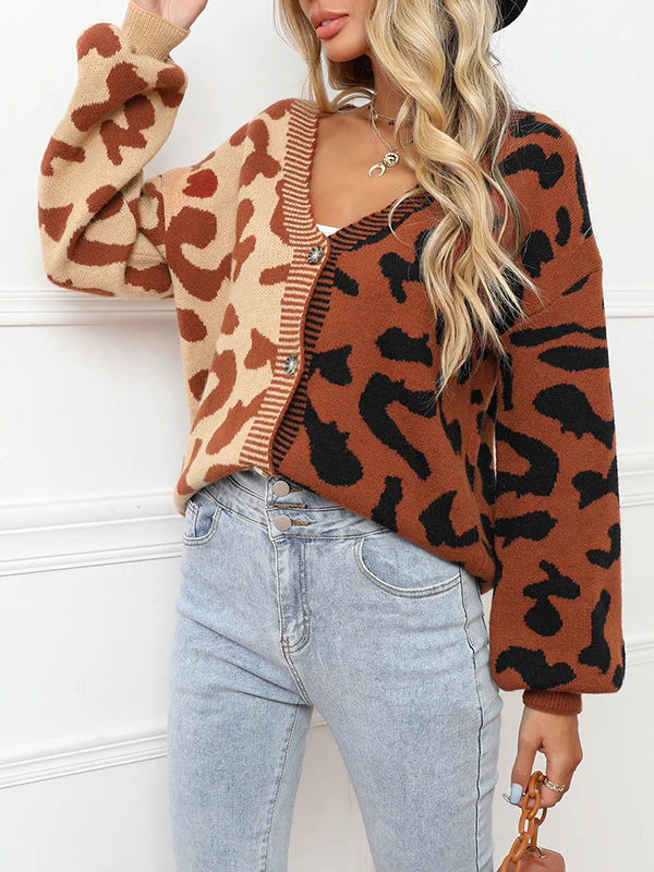 Long Sleeves Loose Buttoned Leopard Split-Joint V-Neck Cardigan Tops - Image 15