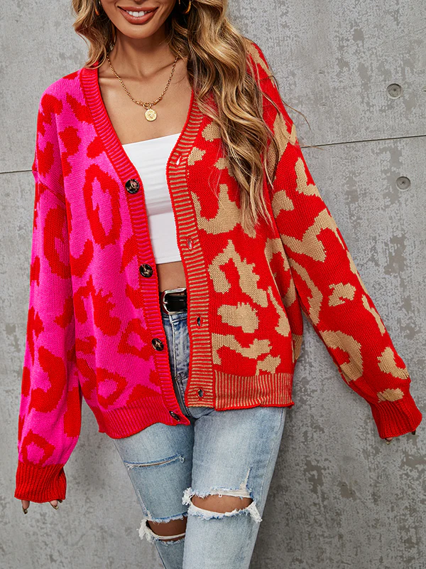Long Sleeves Loose Buttoned Leopard Split-Joint V-Neck Cardigan Tops - Image 16