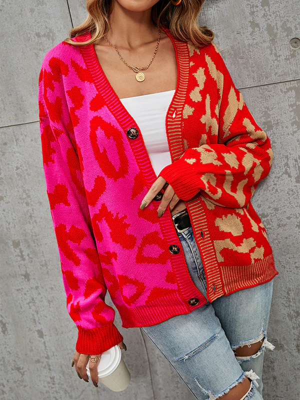 Long Sleeves Loose Buttoned Leopard Split-Joint V-Neck Cardigan Tops - Image 18
