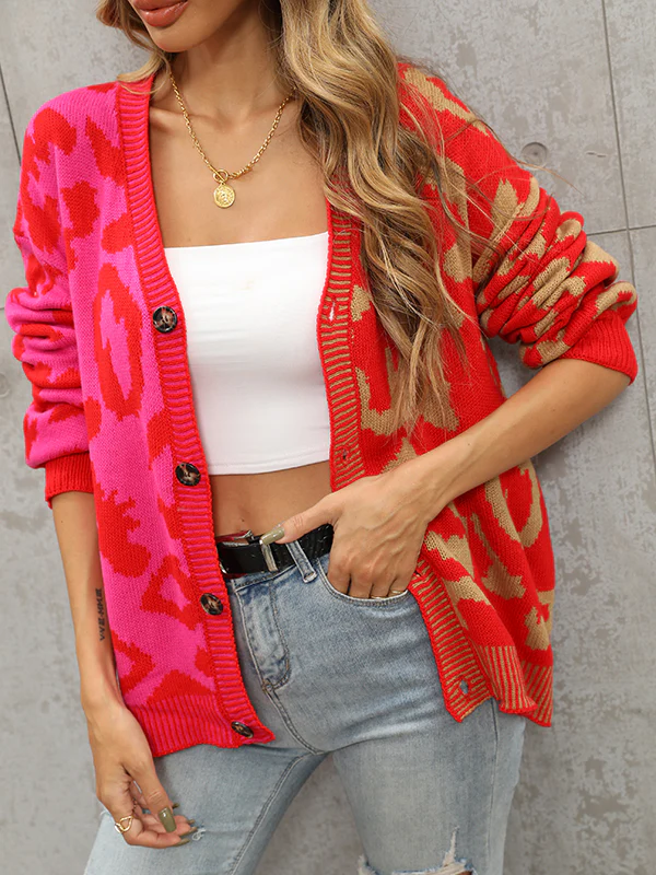 Long Sleeves Loose Buttoned Leopard Split-Joint V-Neck Cardigan Tops - Image 19