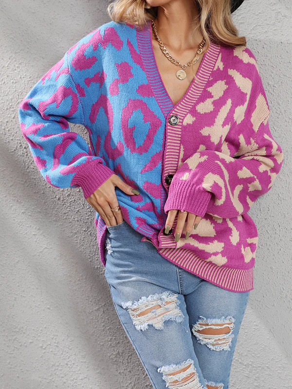 Long Sleeves Loose Buttoned Leopard Split-Joint V-Neck Cardigan Tops - Image 2