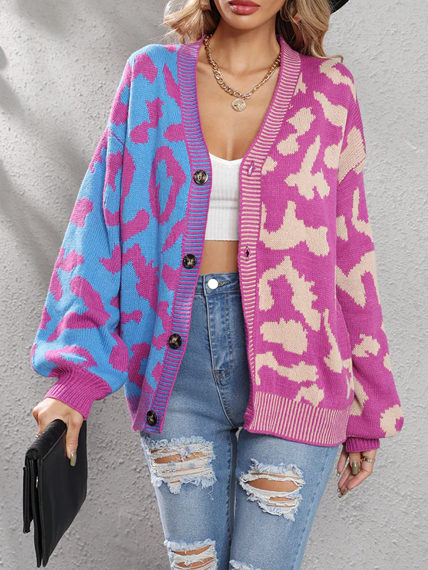 Long Sleeves Loose Buttoned Leopard Split-Joint V-Neck Cardigan Tops - Image 20